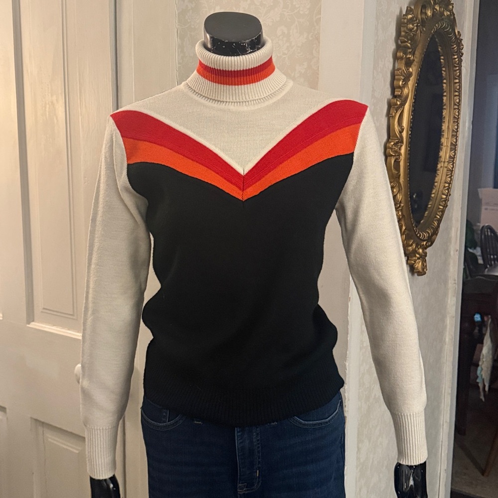 Vintage Snuggler Wool Blend Black Cream Orange Red Chevron Ski Turtleneck Sz 10